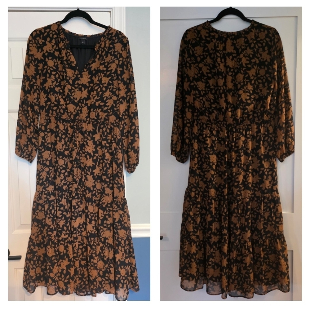 Ann Taylor Black Dress with Brown Floral Print - V-Neck Long Sleeve Midi